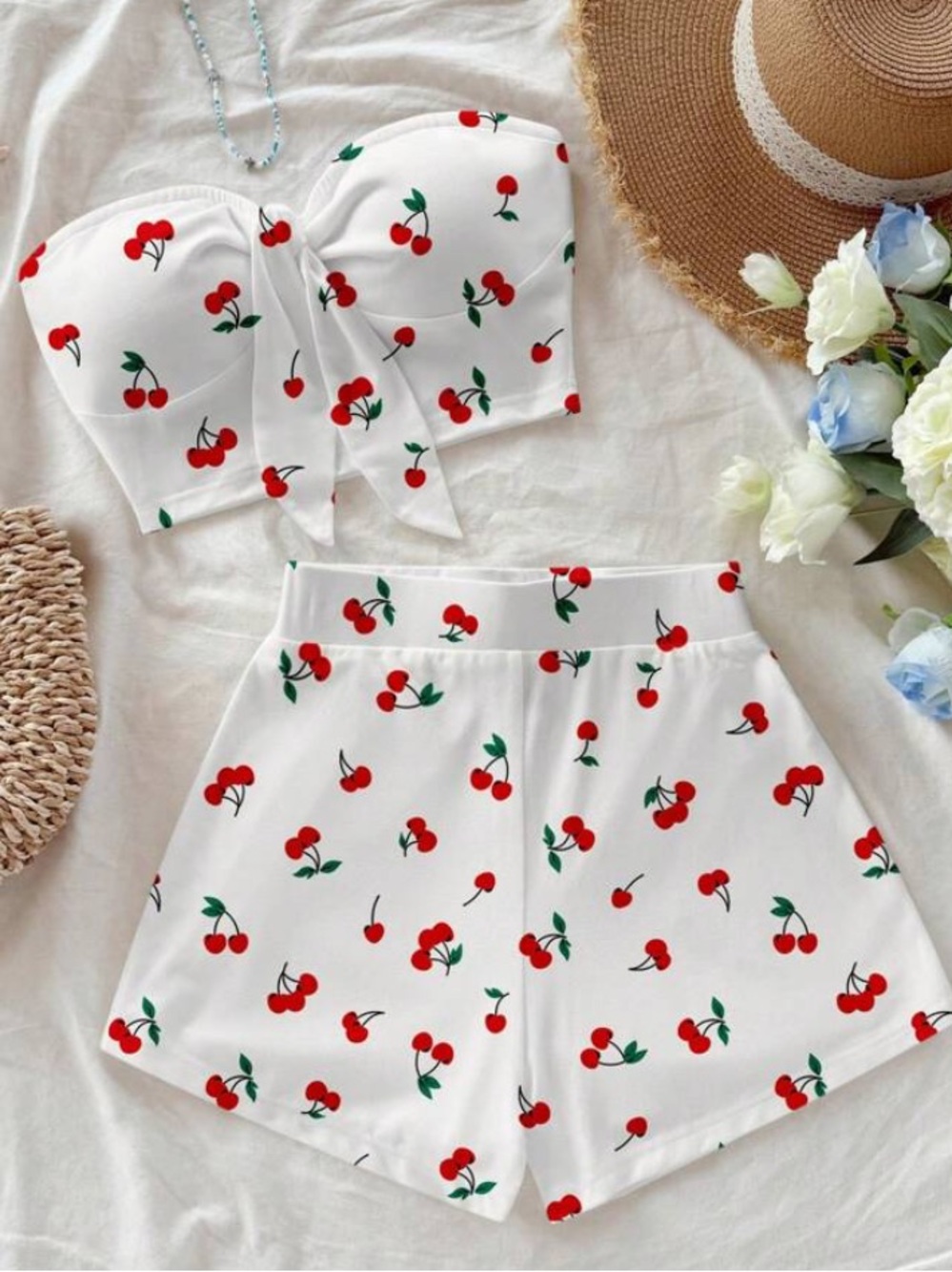 Cherry Print Bandeau & High Waisted Shorts 2-Piece Set